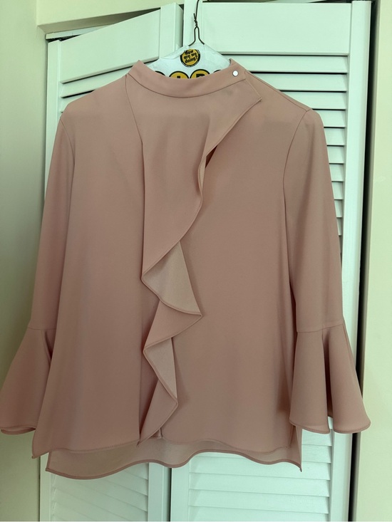 BCBGMaxAzria Tops - BCBGMaxAzria Soft Blush Ruffle Front Blouse